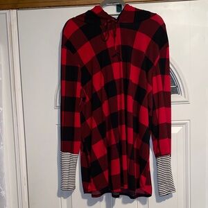 Red and Black Plaid Hoodie with Striped Cuffs